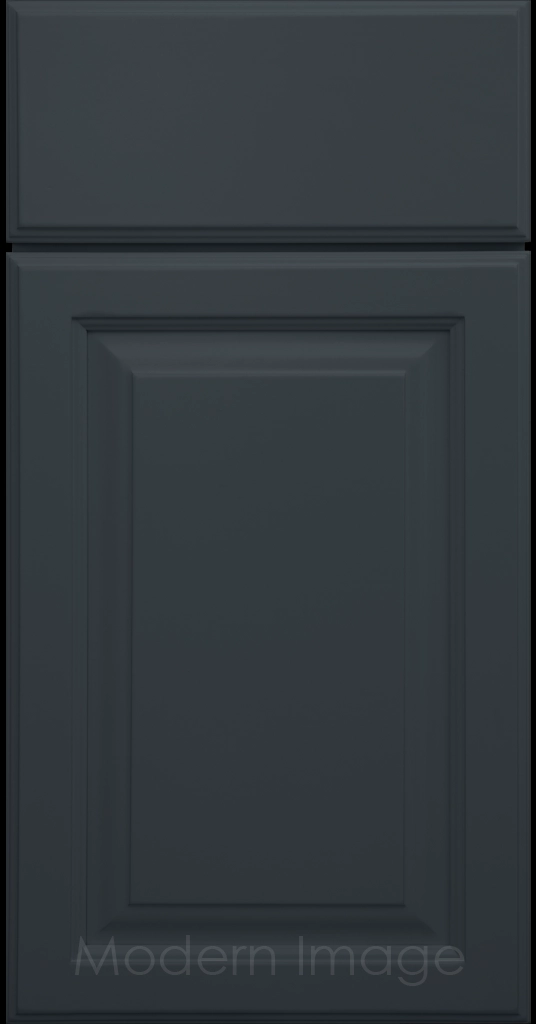 Hampton kitchen cabinets featuring raised panel doors and flat slab drawer fronts in a Naval color.